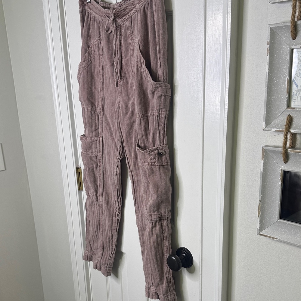 Free People Dusty Rose Linen Cargo Pants XS | Washed Utility Drawstring Waist - Picture 3 of 10